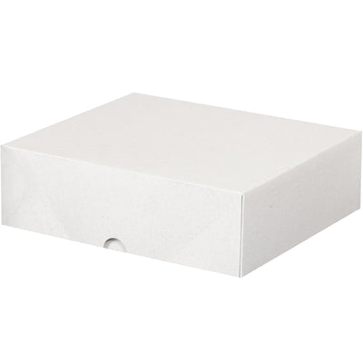 Heavy-duty white fibreboard folding cartons sized 8 5/8" x 9 1/2" x 3" offer superior document protection with a two-piece snap-fit design that requires no assembly. Ships and stores flat to minimize warehouse space, sold in convenient case quantities of 200 units. Ideal for business cards, letterhead, and stationery storage with guaranteed shipping compliance.