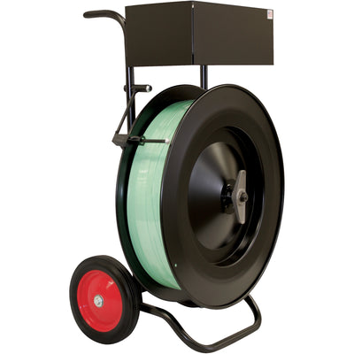 Heavy-duty steel strapping cart designed for high-volume industrial strapping applications. Accommodates both polyester and steel strapping with 16x3" and 16x6" core compatibility. Includes integrated accessory tray for organized workflow and maximum efficiency.