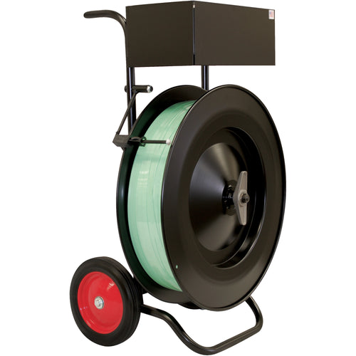 Heavy-duty steel strapping cart designed for high-volume industrial strapping applications. Accommodates both polyester and steel strapping with 16x3