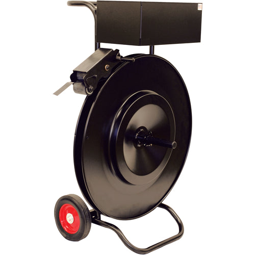 Heavy-duty steel strapping cart designed for ribbon wound, high tensile steel strapping applications. Holds up to three 1.25