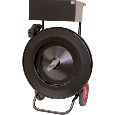 Professional-grade steel strapping cart engineered for high-volume industrial applications. Heavy-duty locking brake keeps strapping secure during dispensing and transport. Accommodates 1" wide strapping on 16x3" and 16x6" core sizes with single coil capacity.
