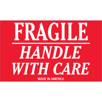 Professional-grade fragile handling labels in bold red and white catch shipper attention immediately. 3" x 5" semi-gloss coated paper construction withstands warehouse conditions and moisture. Roll of 500 labels reduces reordering frequency and keeps your shipping operation compliant.
