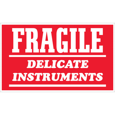 OSHA-compliant fragile instrument warning labels in bold red and white. Each 3" x 5" semi-gloss label instantly alerts handlers to delicate contents, reducing damage claims and shipping delays. Sold as rolls of 500 with compatible dispensers available for table-top or wall-mount application.