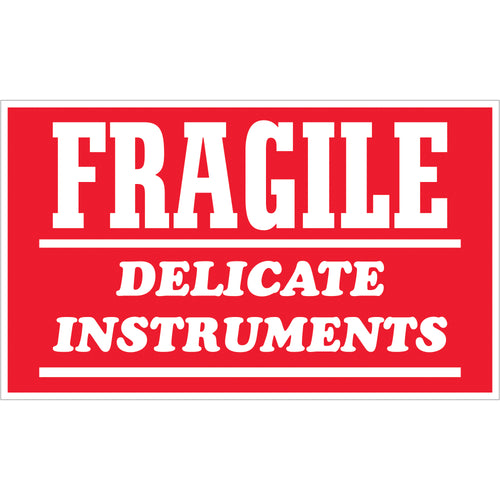 OSHA-compliant fragile instrument warning labels in bold red and white. Each 3