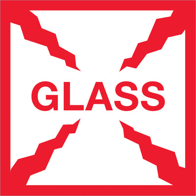 Bright red/white 4x4" glass and liquid hazard labels meet international shipping compliance standards. Semi-gloss coated paper ensures durability and professional appearance on every carton. Sold in rolls of 500 for high-volume logistics operations.