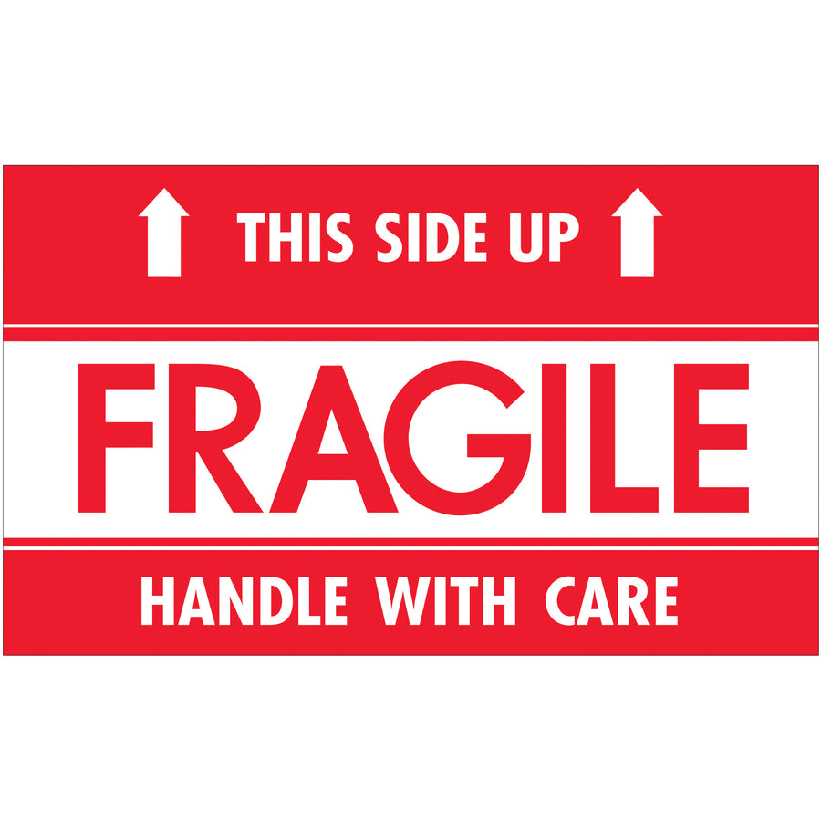 Bold red and white "Fragile - This Side Up" labels command carrier attention and ensure proper handling throughout transit. 3" x 5" semi-gloss coated paper, 500 labels per roll‚ideal for high-volume shipping operations and international logistics compliance.