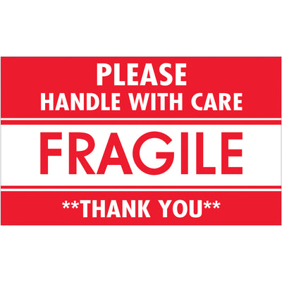 High-visibility 3x5" Fragile - Handle With Care labels printed on semi-gloss coated paper. Bold red and white design commands immediate attention in warehouses and during transit. 500 labels per roll with compatible tabletop and wall-mount dispensers available for streamlined warehouse operations.