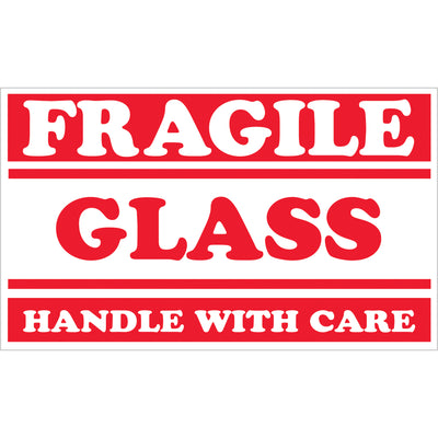 High-visibility 3x5" Fragile Glass labels printed on semi-gloss coated paper for maximum durability in transit. Each roll contains 500 labels with bold red/white contrast to ensure immediate identification of glass and liquid shipments. Compatible with tabletop and wall-mount dispensers for streamlined warehouse operations.