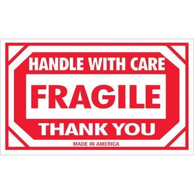 Make fragile shipments impossible to miss with these bold 3x5" red and white handling labels. Printed on durable semi-gloss coated paper for smudge resistance and long-term visibility in warehouses and during transit. Each roll contains 500 labels‚ideal for shipping coordinators managing high-volume fragile freight.
