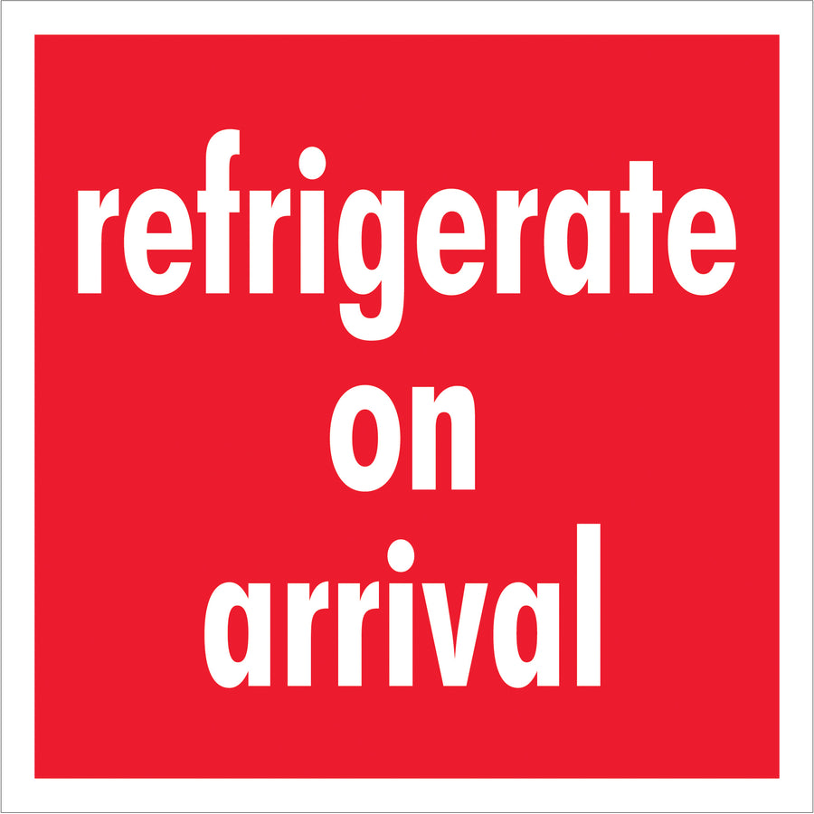 Internationally recognized "Refrigerate On Arrival" shipping labels in bold red and white to ensure temperature-sensitive packages receive proper handling. Semi-gloss coated paper construction provides durability and visibility throughout the supply chain. 4" x 4" format; 500 labels per roll with compatible tabletop and wall-mount dispensers available.