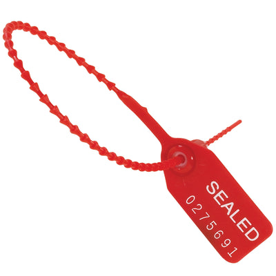 One-piece plastic pull-tight security seals with tamper-resistant acetal locking mechanism. Adjustable 9" design accommodates varying seal lengths for shipping containers, trailers, and storage equipment. Sold in convenient strips of 10, case of 100 seals total.
