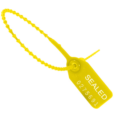 Heavy-duty 9" yellow plastic pull-tight seals deliver tamper-evident security for trailers, containers, and storage equipment. Adjustable locking mechanism cinches to your exact requirements. Case of 100 consecutively numbered seals matted in convenient strips of 10.