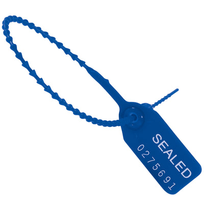Industrial-grade 10" blue pull-tight seals provide adjustable, tamper-evident security for trailers, equipment, and containers. Made from durable high-density polyethylene with a patented nylon locking mechanism that resists tampering. One-time use, consecutively numbered, sold by the case of 1000 units.