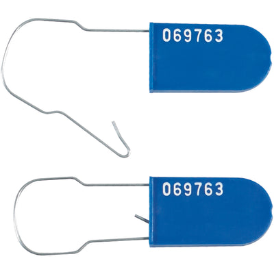 Consecutively numbered blue wire padlock seals with tamper evident polypropylene construction and galvanized wire hasp. Easy-to-apply security seals that reveal tampering instantly while maintaining seal integrity. Accepted by UK and US Customs for airport liquor cart use. Sold by the case of 1000 units.