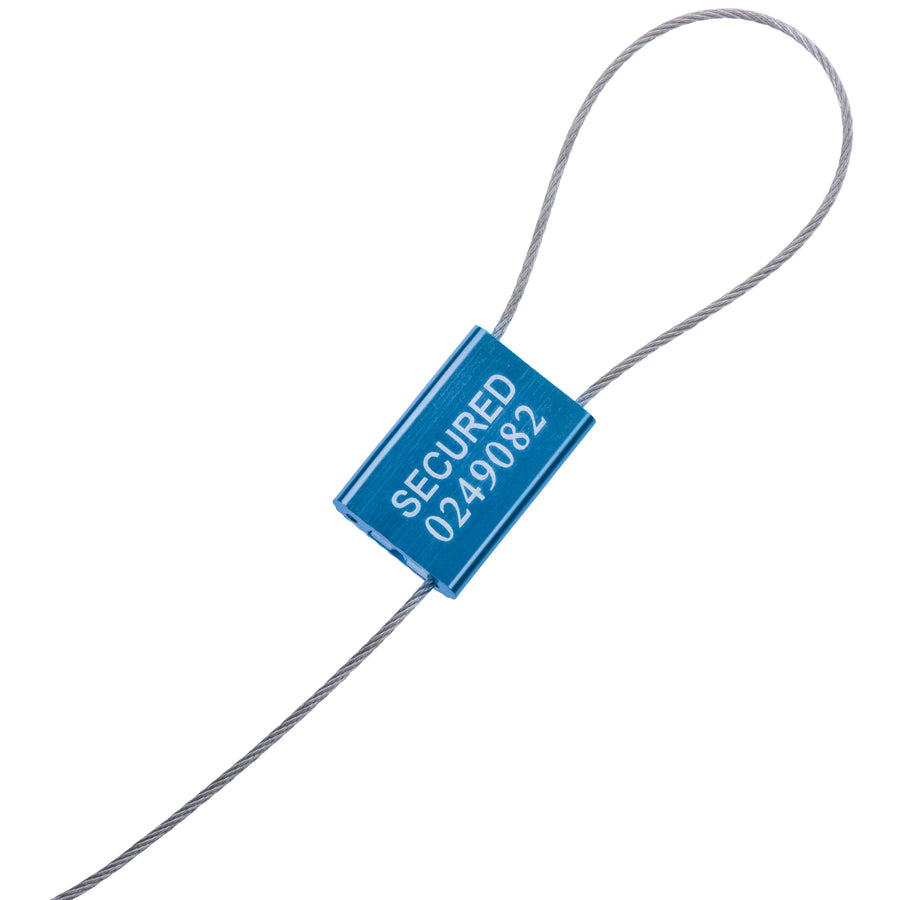 Heavy-duty galvanized steel cable seals deliver tamper-proof security with zero tools required. Each 1/16" x 12" blue seal features sequential numbering and "Secured" embossing for full compliance tracking. Order by the case of 100 and reduce your per-unit security costs.