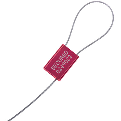 Secure your shipments with durable galvanized steel cable seals featuring sequential numbering and embossed "Secured" marking. Tool-less application makes installation quick and effortless. Case of 100 red 1/16 x 12" wire seals meets tamper-proof shipping requirements.