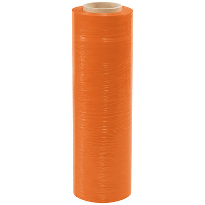 Quiet, durable 80 gauge orange cast hand stretch film stretches up to 250% for reliable load retention on pallets up to 2,500 lbs. The colored film provides instant visual identification for carrier tracking and inventory control. Each case includes 4 rolls of 18" x 1500' film with a gentle release for operator ease.