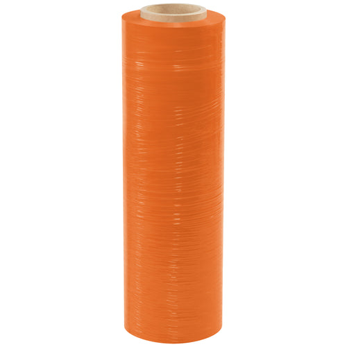 Quiet, durable 80 gauge orange cast hand stretch film stretches up to 250% for reliable load retention on pallets up to 2,500 lbs. The colored film provides instant visual identification for carrier tracking and inventory control. Each case includes 4 rolls of 18