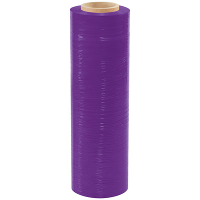 Quiet, color-tinted cast hand stretch film perfect for warehouse inventory control and carrier identification. This 80 gauge purple pallet wrap stretches up to 250% and securely holds loads up to 2,500 lbs with gentle, easy release. Sold as a case of 4 rolls (18" x 1500' each).