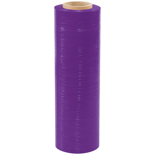 Quiet, color-tinted cast hand stretch film perfect for warehouse inventory control and carrier identification. This 80 gauge purple pallet wrap stretches up to 250% and securely holds loads up to 2,500 lbs with gentle, easy release. Sold as a case of 4 rolls (18