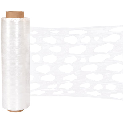 Keep perishables fresher longer with our 20" x 1500' clear polypropylene vented pallet wrap. FDA-compliant die-cut holes provide consistent airflow while securing loads. Available for both hand and machine application–machine stretch up to 250%.