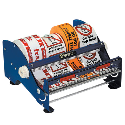 Heavy-duty steel construction table top label dispenser that applies shipping labels and tape 10x faster than hand application. Features a non-skid suction base, adjustable roll dividers for multiple label widths, and accommodates rolls up to 6" diameter. Sold as 1 unit.