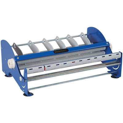 Heavy-duty steel table top label dispenser designed for shipping coordinators who need faster label and tape application. Features adjustable roll dividers, non-skid suction base, and accommodates up to 6" roll diameter. Get labels on packages 10x faster than hand application.