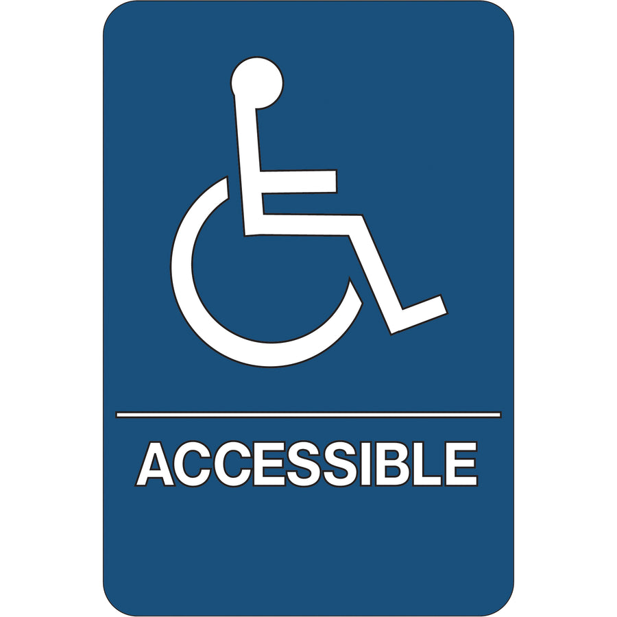 Meet ADA requirements instantly with this pre-made 6"x9" wheelchair accessible sign in durable 1/4" ABS plastic. Features pre-applied double-sided foam tape for tool-free mounting. Sold as 1 sign per unit–no setup time, full compliance guaranteed.
