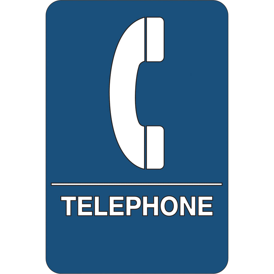 Meet ADA compliance requirements with this durable 6"x9" telephone sign made from 1/4" thick ABS plastic. Pre-applied double-sided foam tape simplifies mounting in lobbies, offices, and facilities. Blue/white color scheme ensures high visibility and professional appearance.