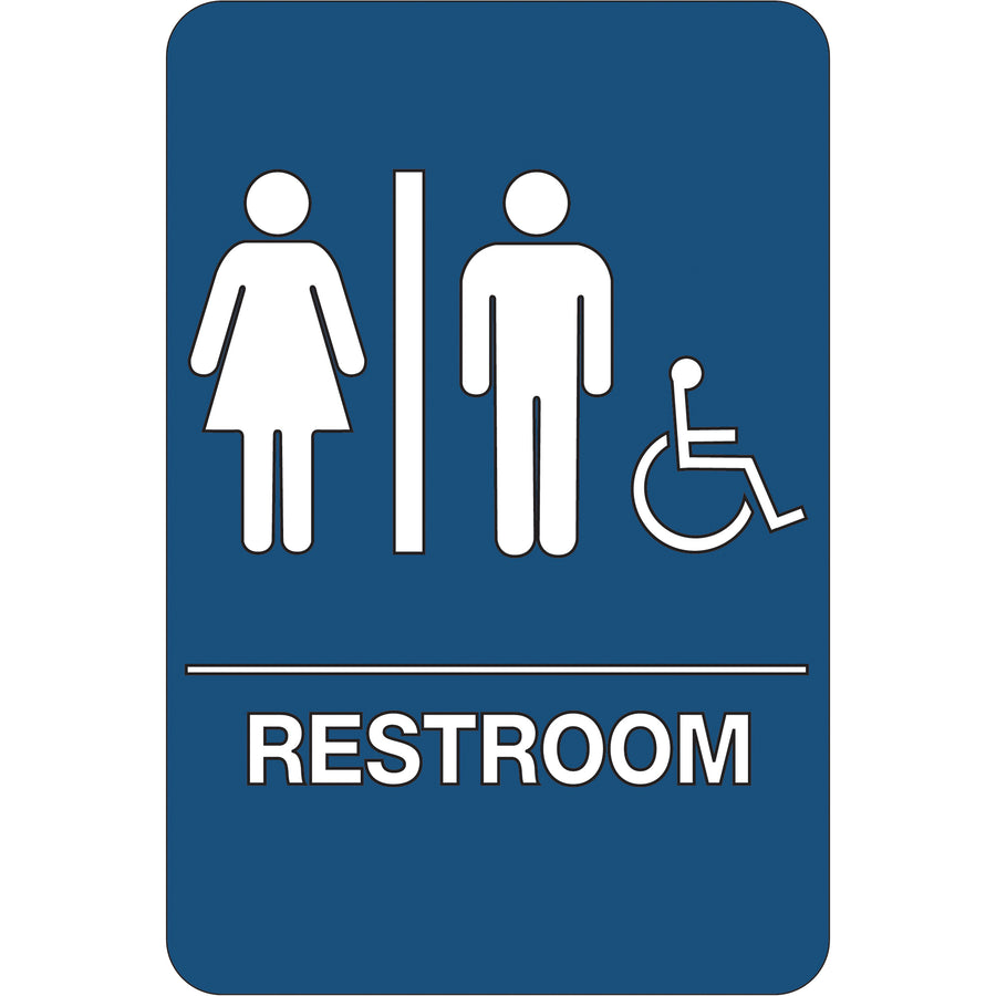 Meet ADA requirements instantly with this 6" x 9" accessible restroom sign made from durable 1/4" ABS plastic. Pre-applied double-sided foam tape included for tool-free mounting. Sold as one unit per SKU‚ideal for facilities maintenance teams managing multiple bathroom locations.