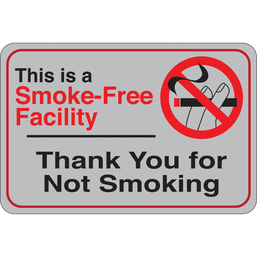 Ready-to-mount smoke-free facility sign designed for instant compliance. 6x9" durable 1/8" plastic with pre-applied double-sided foam tape included–no additional hardware needed. Universal mounting works on multiple surfaces in warehouses, offices, and manufacturing plants.