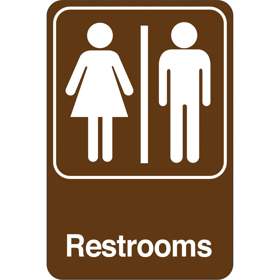 Professional 6x9" men/women restroom signs ready to install with pre-applied double-sided foam tape. Made from durable 1/8" thick brown and white acrylic-silk-screened plastic for lasting visibility and compliance. Universal mounting design fits most facility surfaces.