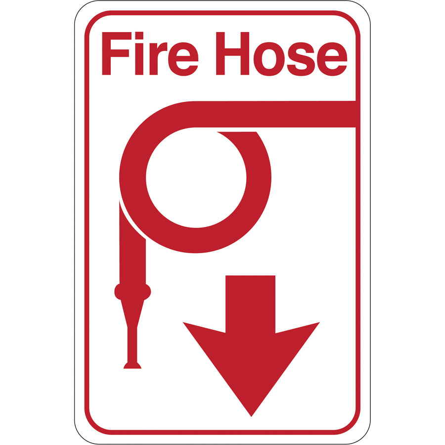 Professional-grade fire hose facility sign for instant OSHA compliance. 6" x 9" red and white plastic construction with pre-applied double-sided foam tape–no additional mounting hardware needed. Durable 1/8" thick material withstands facility wear and tear.