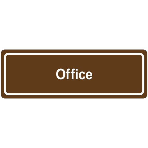 Professional-grade 3x9 brown acrylic office door sign with adhesive backing for instant facility identification. Reverse printed with opaque design and clear acrylic cover for durability and professional appearance. Beveled edges prevent snagging‚ready to install, sold as 1 each.