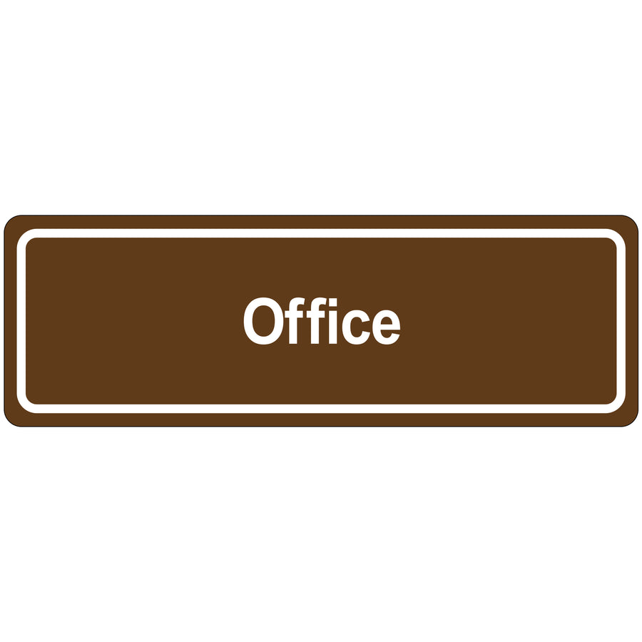 Professional-grade 3x9 brown acrylic office door sign with adhesive backing for instant facility identification. Reverse printed with opaque design and clear acrylic cover for durability and professional appearance. Beveled edges prevent snagging‚ready to install, sold as 1 each.