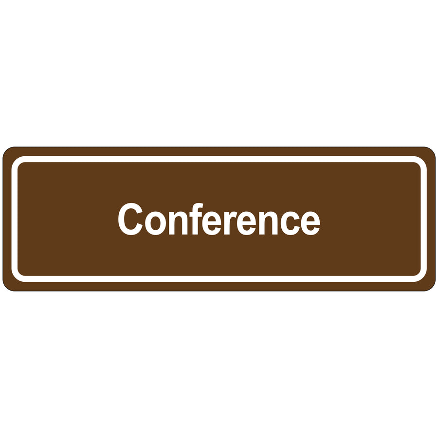 Professional-grade 3"  9" brown acrylic conference door sign with reverse-printed opaque design and clear cover. Features adhesive backing for instant installation and beveled edges for a polished appearance. Ideal for facilities managers needing durable, compliant directional signage.
