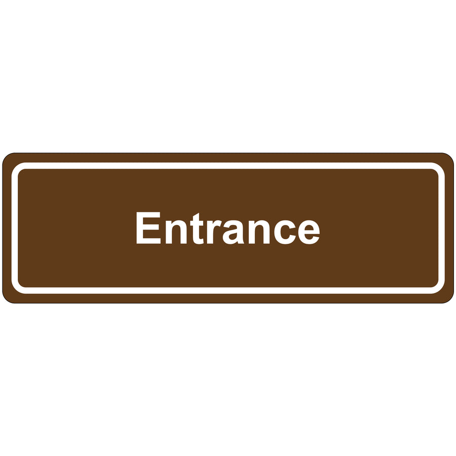 Professional-grade 3" x 9" brown acrylic entrance door sign with adhesive backing for instant installation. Reverse-printed with beveled edges and opaque design with clear acrylic cover. Perfect for facilities maintenance, office signage, and directional displays.