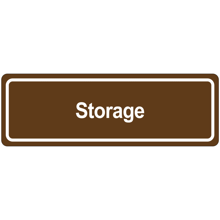 Professional-grade 3" x 9" brown acrylic storage door sign with adhesive backing for instant installation. Reverse printed opaque design with clear acrylic cover and beveled edges ensures durability and professional appearance in any facility. One sign per package‚ready to mount on storage rooms, closets, and warehouse doors.