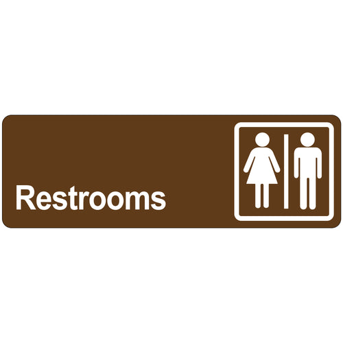 Professional-grade 3x9 brown acrylic restroom door sign with reverse back printing and adhesive backing for instant installation. Durable opaque design with clear acrylic cover and beveled edges resists wear in high-traffic facilities. Sold as 1 each‚the reliable facility sign solution for offices, warehouses, and commercial spaces.