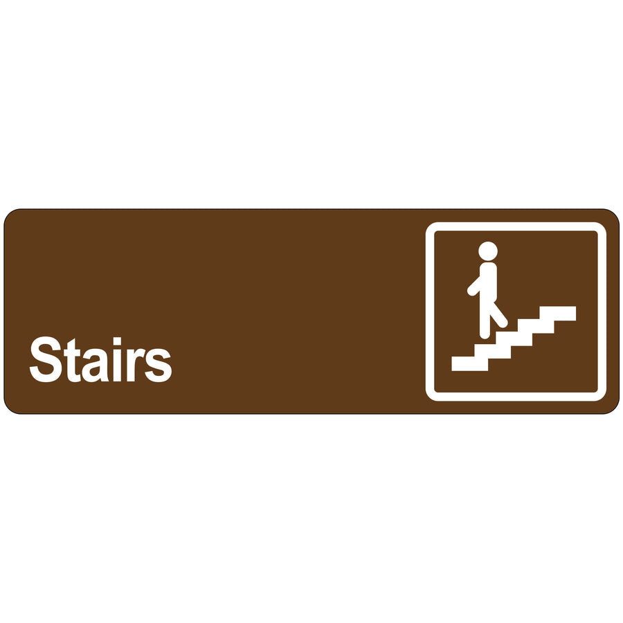 High-visibility 3"x9" brown acrylic stairs door sign with reverse back printing and adhesive backing for instant installation. Professional beveled edge design ensures clean, lasting facility identification. Sold as 1 each–durable solution for wayfinding and safety compliance.