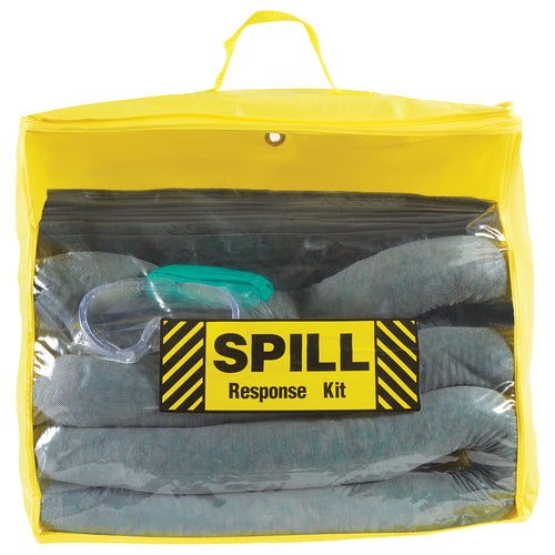 Ready-to-deploy universal spill kit in a clear zipper bag with wall-mount grommets. Includes 20 absorbent pads, 3 socks, nitrile gloves, goggles, and disposal bag‚everything your team needs for quick containment of oil, water, coolants, hydraulic fluids, and chemical spills.