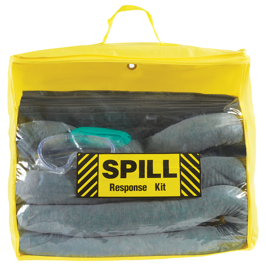 Ready-to-deploy universal spill kit in a clear zipper bag with wall-mount grommets. Includes 20 absorbent pads, 3 socks, nitrile gloves, goggles, and disposal bag‚everything your team needs for quick containment of oil, water, coolants, hydraulic fluids, and chemical spills.
