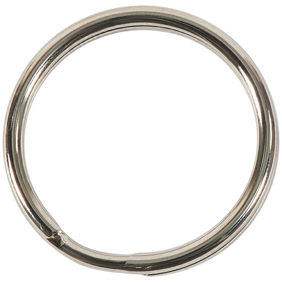 Heavy-duty 1 1/8" chrome-plated split key rings designed for industrial facilities management and asset identification. Each case includes 100 rings with easy-open design that maintains shape through thousands of uses. Perfect for key control, tag attachment, and equipment labeling in demanding environments.