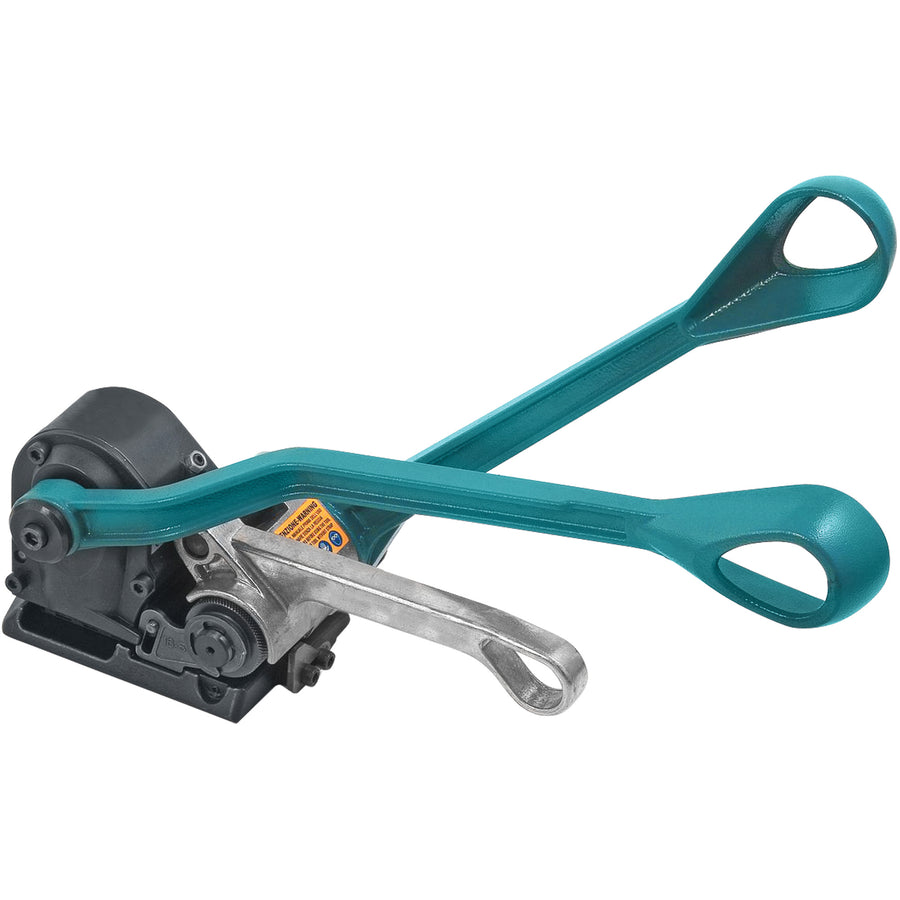 All-in-one sealless steel strapping tool that tensions, seals, and cuts 1/2" to 3/4" strapping widths in a single motion. Eliminates costly seals while reducing labor effort. Compatible with both regular duty and high tensile steel strapping.
