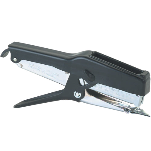 Industrial-grade metal hand stapler engineered for sealing lightweight shipping cartons with maximum driving force and leverage. Accepts both 1/4