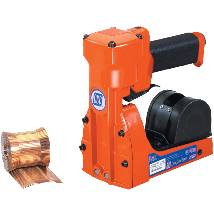 Heavy-duty 5/8" pneumatic roll feed carton stapler engineered for high-volume packaging operations. Loads 1,000-count staple rolls and closes up to 250 cartons without reloading, maximizing productivity and reducing downtime. Durable metal and plastic construction; requires 80 PSI minimum air compressor.