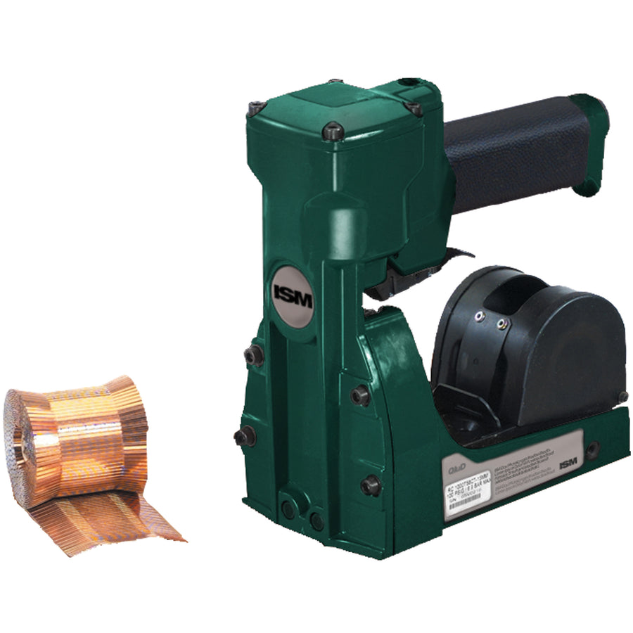 Engineered for high-volume carton sealing operations, this 3/4" pneumatic roll feed stapler closes up to 250 cartons without stopping to reload. Heavy-duty metal and plastic construction holds 1,000-count staple rolls, delivering maximum uptime and cost efficiency for industrial packaging lines.