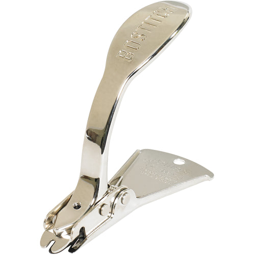 Heavy-duty metal staple remover engineered for industrial packaging environments. Features rocker action design for maximum leverage and reduced hand fatigue during high-volume fastener removal. Durable silver metal construction built to withstand daily warehouse and packaging operations.
