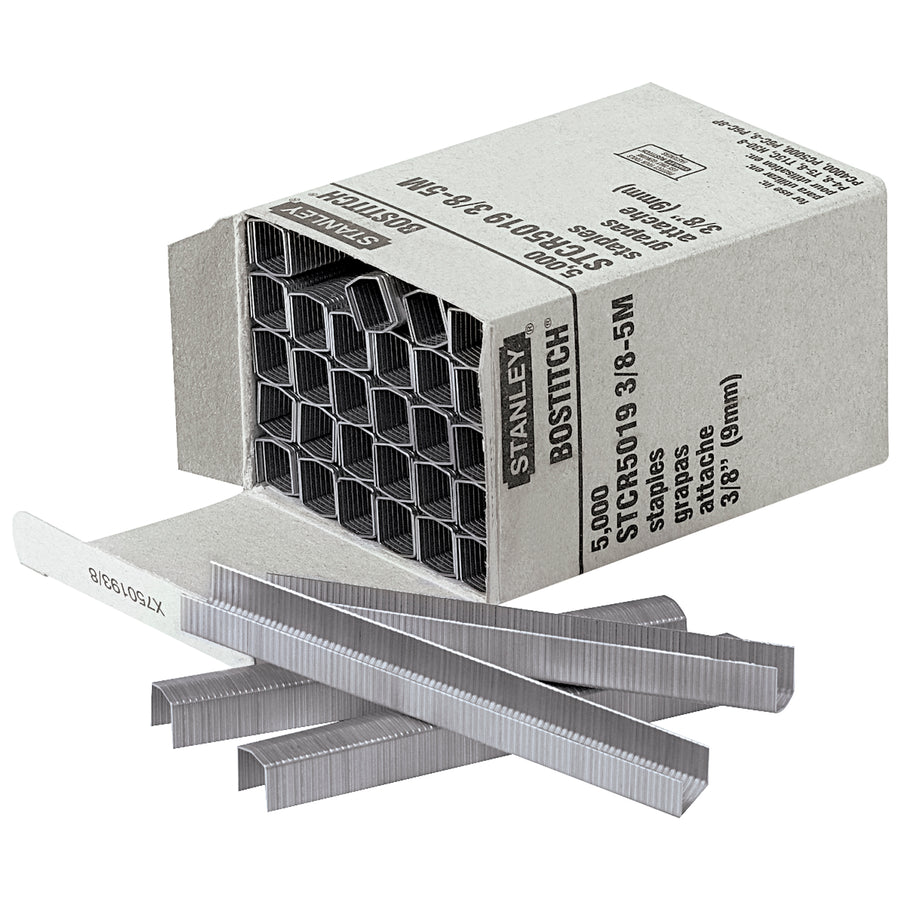 Industrial-grade 3/8" steel staples engineered for reliable sealing of lightweight shipping cartons and packages. Each case contains 5,000 staples, delivering cost-effective fastening for high-volume operations. Compatible with standard industrial hand staplers for quick, secure application.