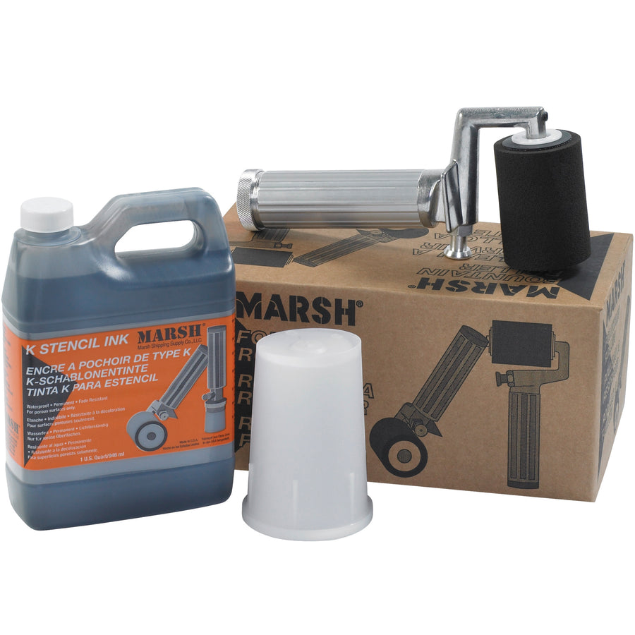 Complete K-1 ink stencil marking system for shipping rooms and warehouses. Includes 1 quart black K-1 fountain ink, roller, and cover‚ready to mark porous surfaces like corrugated, cloth, wood, and paper with sharp, durable results. Professional-grade Marsh ink supplies built for high-volume warehouse operations.